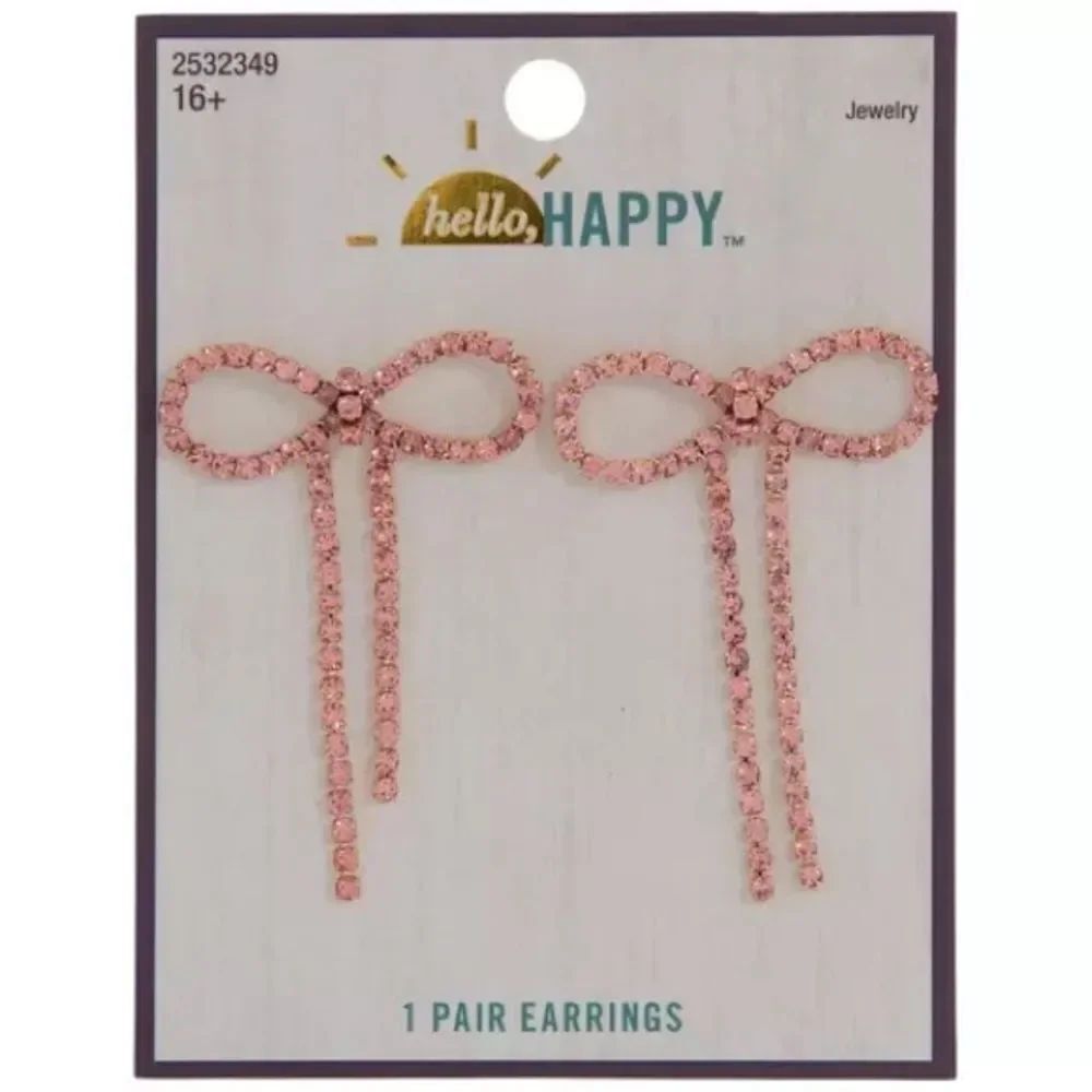 New Hello Happy Pink Bow Rhinestone Earrings